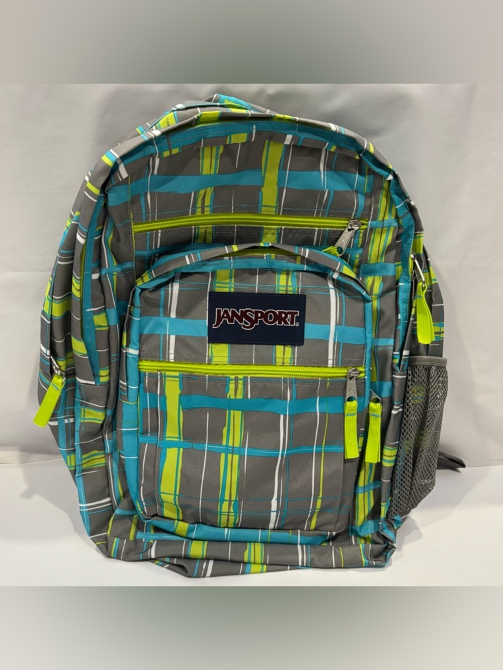 JanSport Big Student Backpack | Multi-Pocket Large 17” | Gray Green Blue Plaid